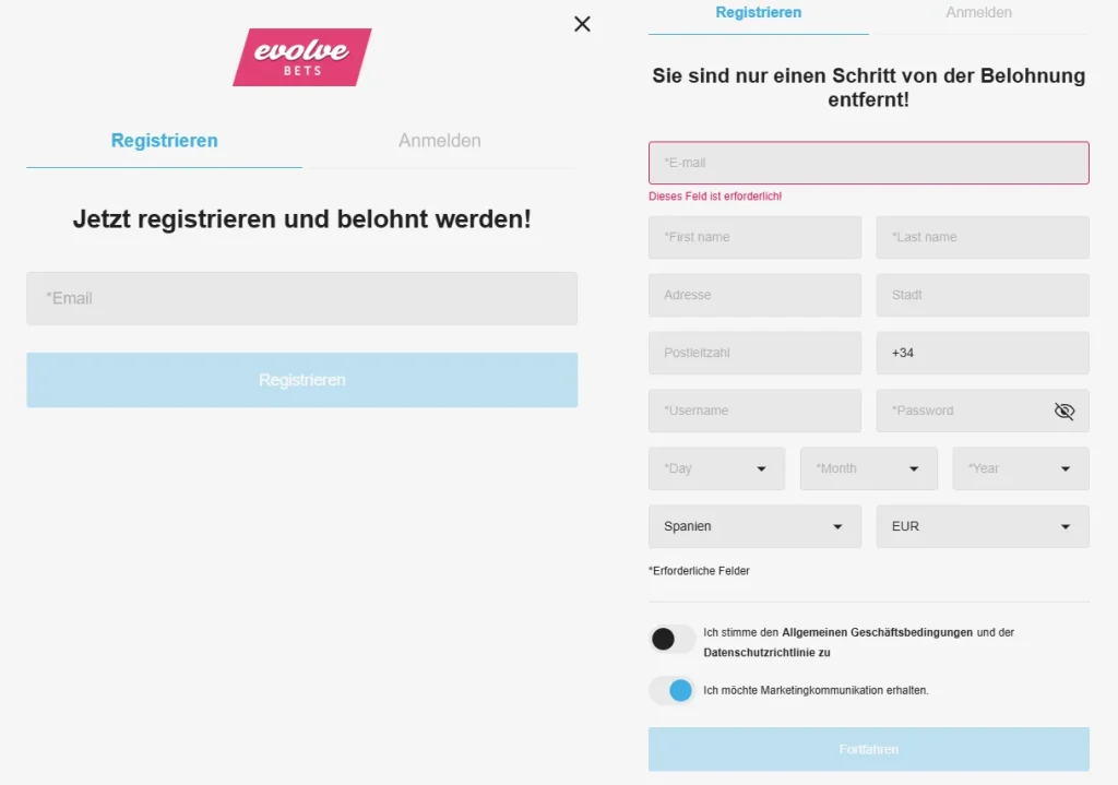 Evolve Casino Registrierung